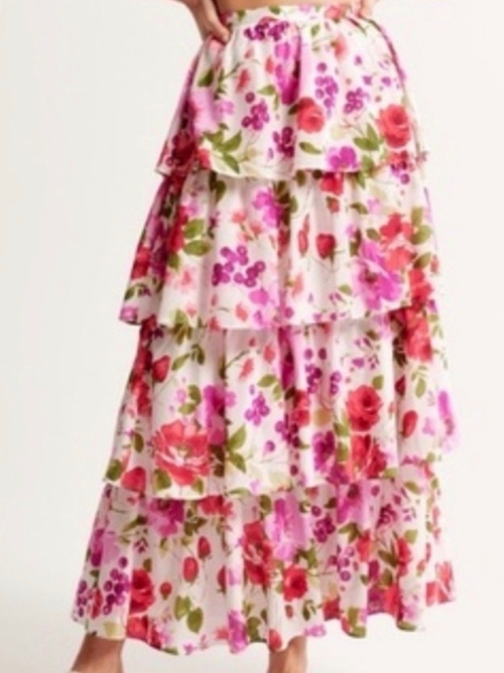 Abercrombie & Fitch Tiered Maxi Dress lace up back strawberries floral